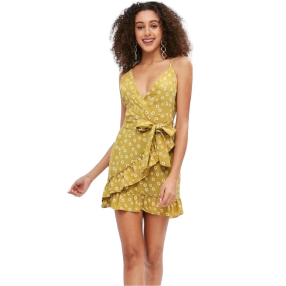 NWT Yellow Gold Floral Tweed Ruffle Surplice Waist Tie Belted Mini Dress - Picture 7 of 9